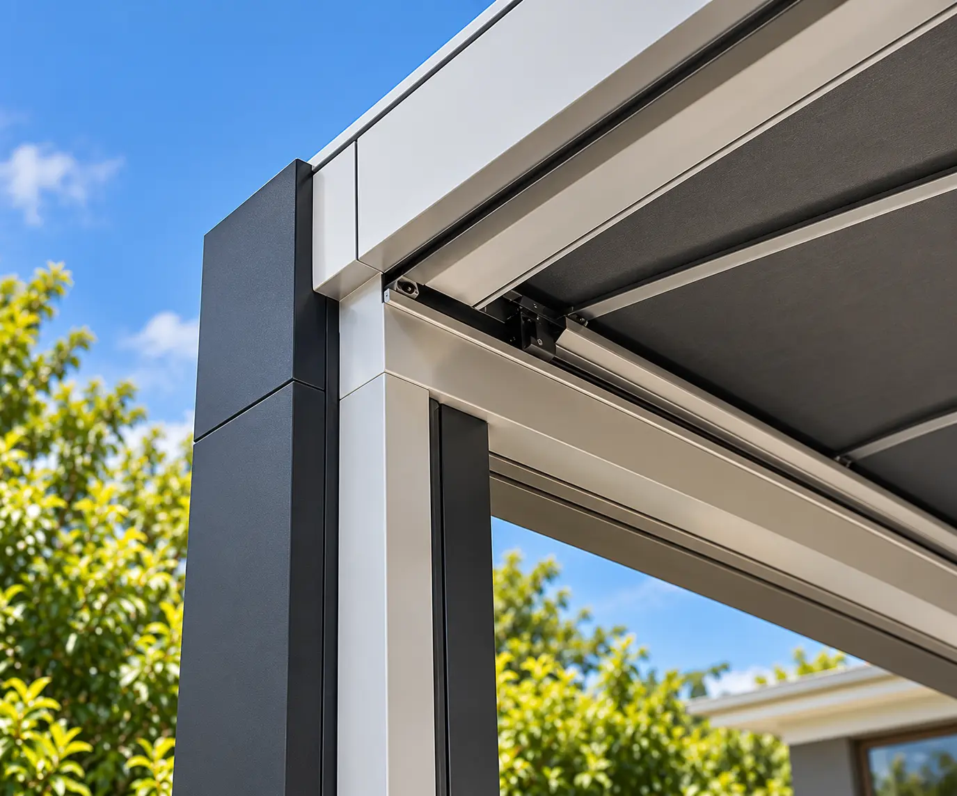 Close-up of a motorised retractable pergola showing the aluminium frame, roof track and integrated gutter detail