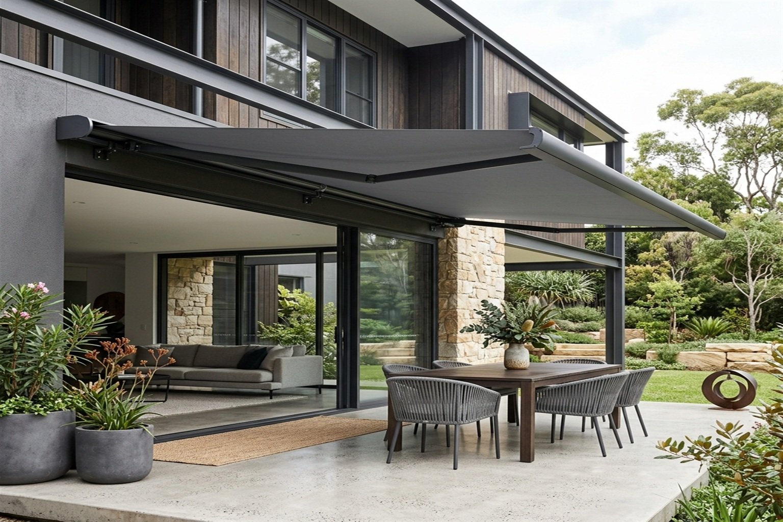 Dark grey motorised awning installation at a contemporary Australian home